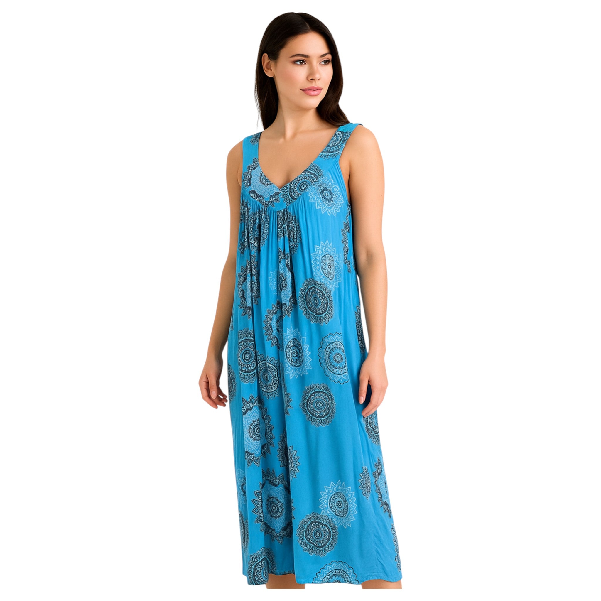 Women's sleeveless blue boho summer midi dress with paisley print – lightweight and flowy beach holiday dress